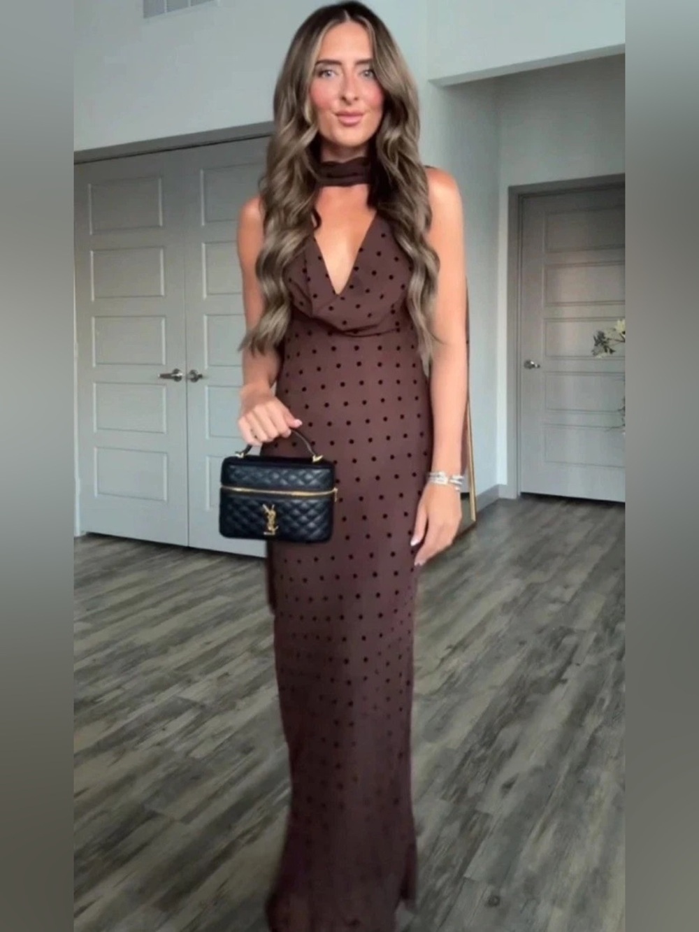 Zara Brown Polka-Dot Halter Maxi Dress w Scarf. M NWT - Picture 6 of 17